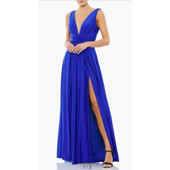 Mac Duggal Long Formal V Front Back Gown Dress 14 Royal Blue NWT $398 - Picture 1 of 13